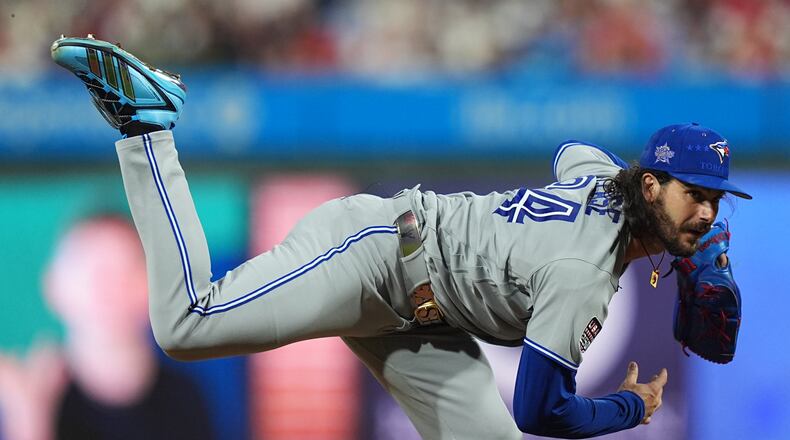 Toronto Blue Jays' pitcher Dylan Cease throws during the first inning of the MLB baseball All-Star Game between the American League and National League, Tuesday, July 14, 2026, in Philadelphia. (AP Photo/Matt Rourke)