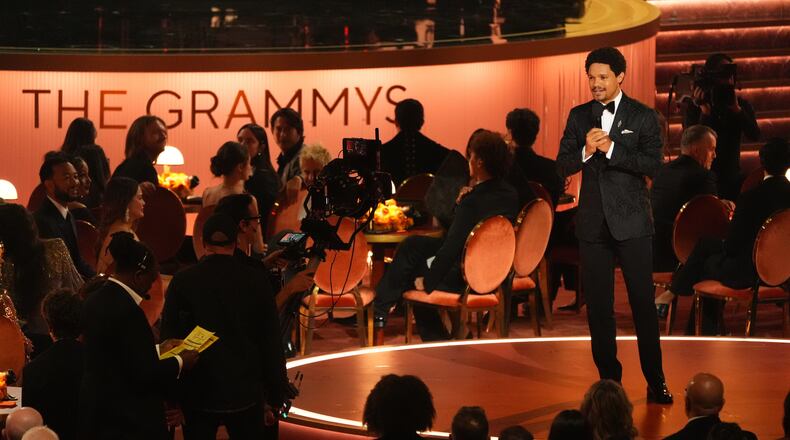 Host Trevor Noah speaks during the 68th annual Grammy Awards on Sunday, Feb. 1, 2026, in Los Angeles. (AP Photo/Chris Pizzello)