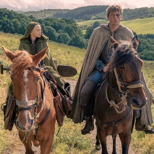 This image released by HBO shows Dexter Sol Ansell, left, and Peter Claffey in a scene from "A Knight of the Seven Kingdoms." (Steffan Hill/HBO via AP)