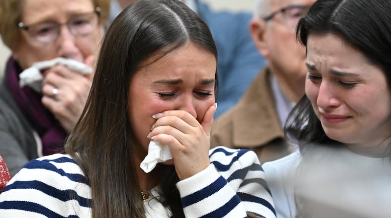 Lauren Phillips, sister of Laken Riley, reacts as Prosecutor Sheila Ross (not pictured) addresses Superior Court Judge H. Patrick Haggard (not pictured) during the murder trial of Jose Ibarra at Athens-Clarke County Superior Court on Wednesday in Athens. (Hyosub Shin / AJC)