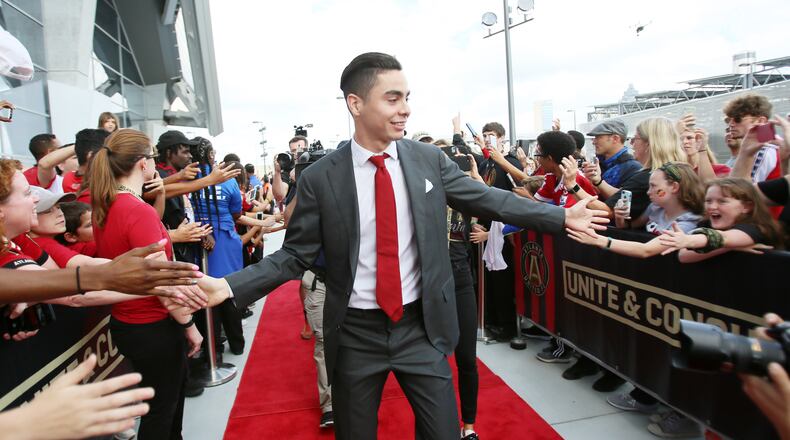 October 22, 2017.   Atlanta United Miguel Almiron greets fans out side of the Mercedes-Bens stadium, he is expected to start against the Toronto FC  after a injury keep him out for several weeks.