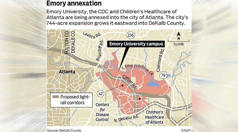 Emory University, the CDC and Children’s Healthcare of Atlanta are being annexed into the city of Atlanta. The city’s 744-acre expansion grows it eastward into DeKalb County.