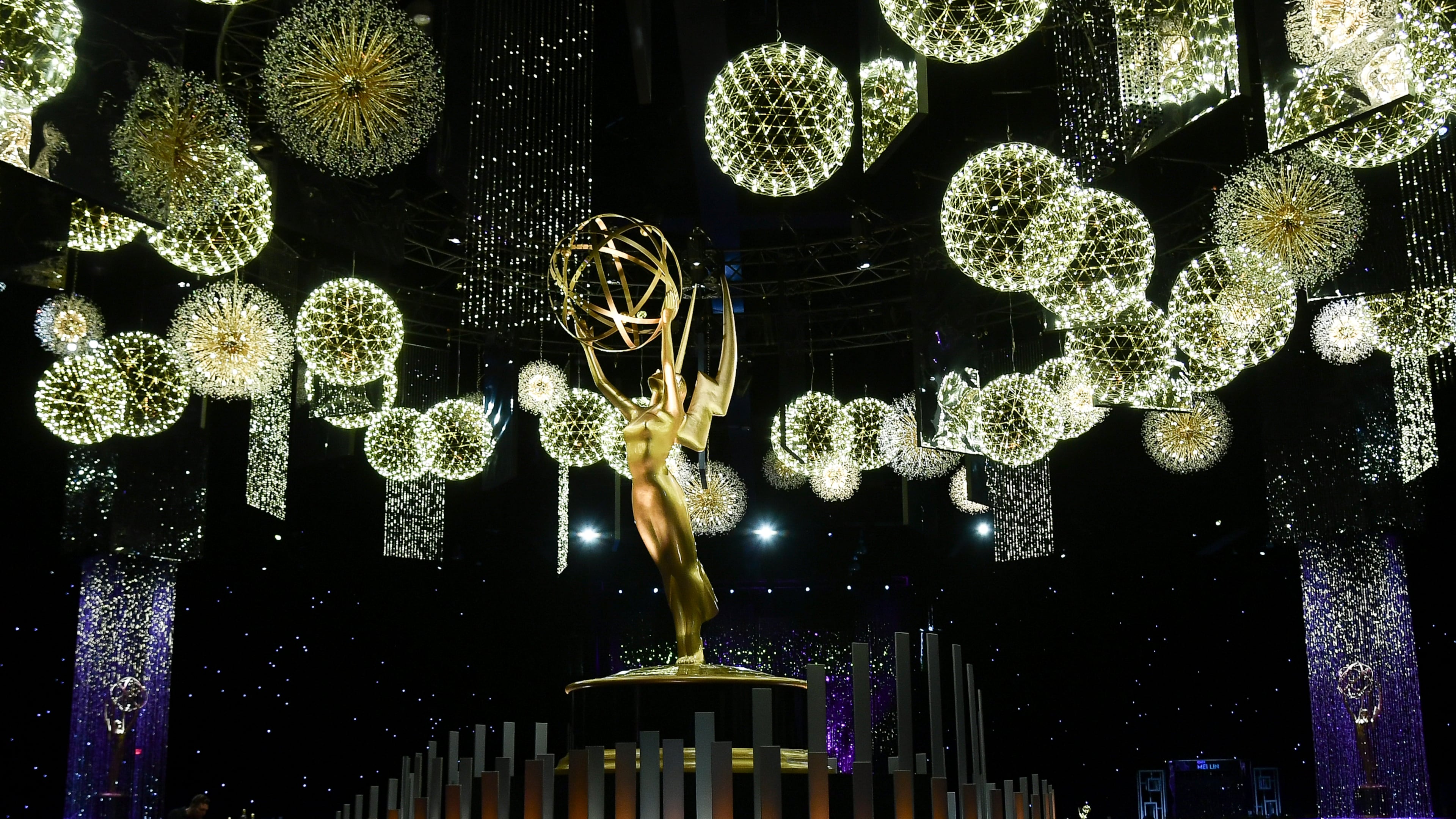 An Emmy statue appears on the stage for the 77th Primetime Emmy Awards red carpet rollout on Thursday, Sept. 11, 2025, in Los Angeles. (Photo by Richard Shotwell/Invision/AP)