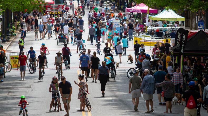 Crowds of people fill Peachtree Street during the Atlanta Streets Alive event Sunday, April 7, 2019. STEVE SCHAEFER / SPECIAL TO THE AJC