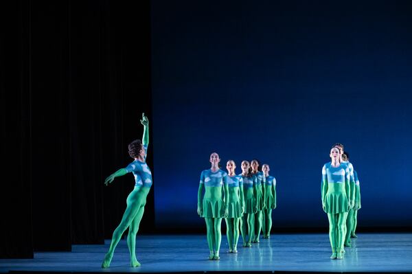 When the curtain opened at the beginning of “Sandpaper Ballet,” the dancers, clad in bright green, were standing still in a five-by-five grid that filled the stage.