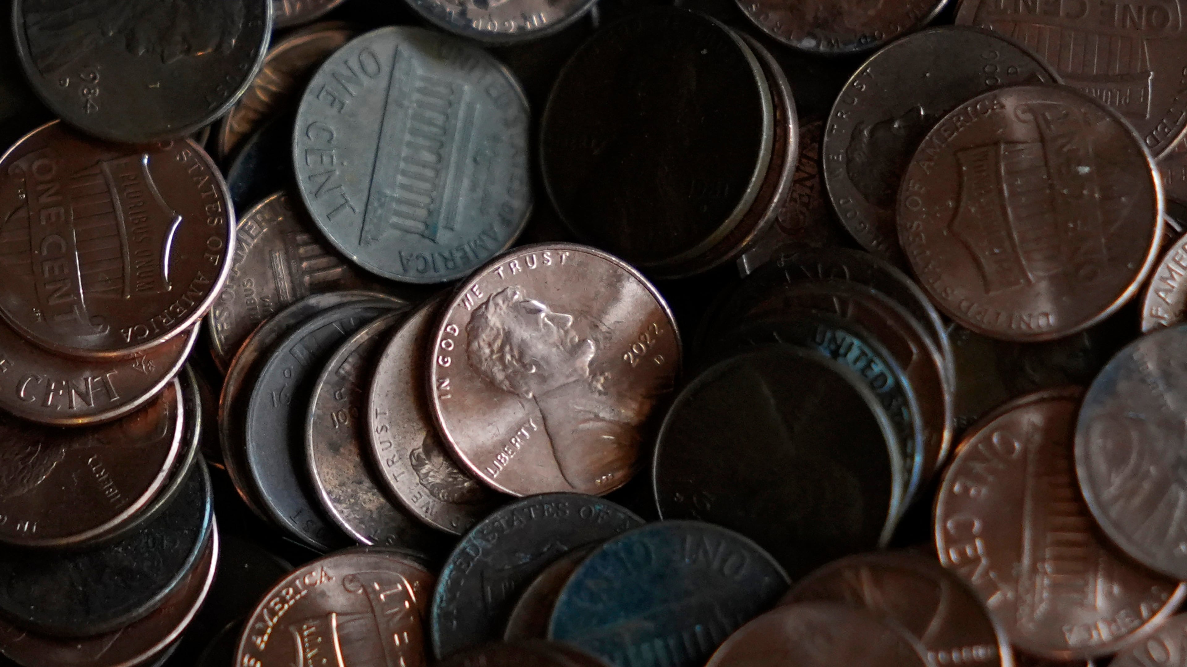 FILE - Pennies are piled up Feb. 10, 2025, in Richardson, Texas. (AP Photo/LM Otero, File)