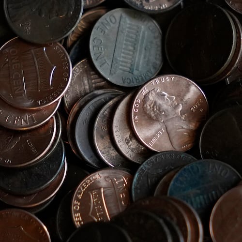 FILE - Pennies are piled up Feb. 10, 2025, in Richardson, Texas. (AP Photo/LM Otero, File)