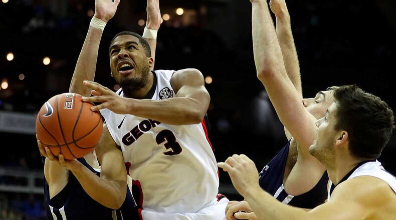Georgia's Juwan Parker shoots during the CBE Hall of Fame Classic game against the George Washington Colonials at the Sprint Center in Kansas City on Monday.