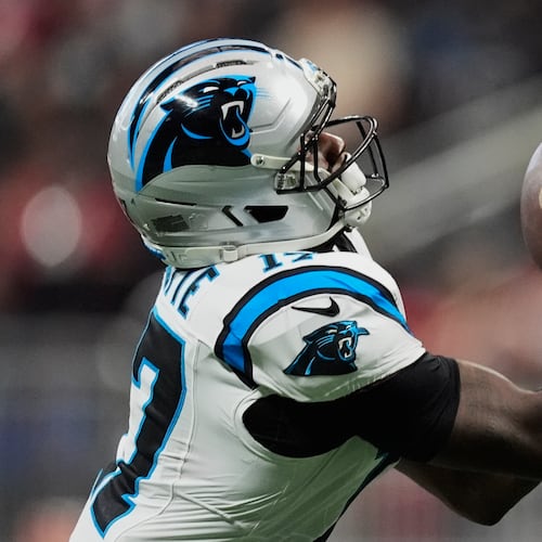Carolina Panthers wide receiver Xavier Legette (17) makes a catch during an NFL football game against the Atlanta Falcons in Atlanta, Sunday, Sept. 20, 2026. (AP Photo/Mike Stewart)