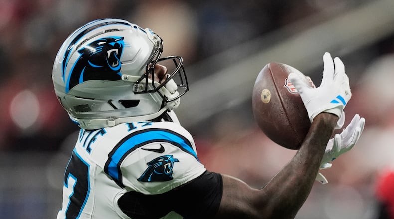 Carolina Panthers wide receiver Xavier Legette (17) makes a catch during an NFL football game against the Atlanta Falcons in Atlanta, Sunday, Sept. 20, 2026. (AP Photo/Mike Stewart)
