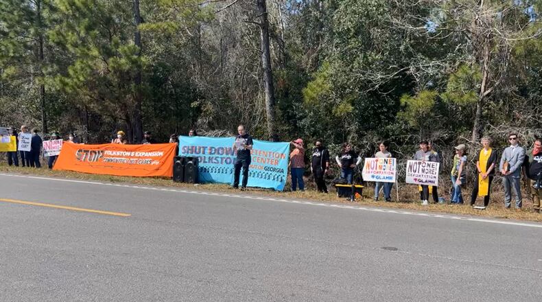 Protesters rally in front of the Folkston immigration detention complex on Thursday, March 3, 2022.