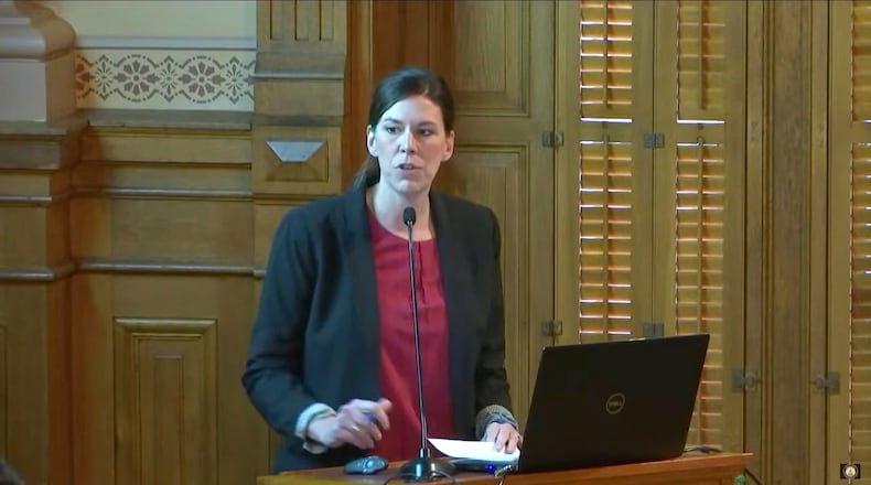 Department of Community Health Commissioner Caylee Noggle speaks to a joint appropriations committee on Jan. 17, 2023. In a DCH report released that month, the agency claimed that fewer than 100 psychotherapy requests were denied in roughly three years' time by the state’s Medicaid managed care contractors. But an AJC investigation found thousands more instances during that period. (Georgia House of Representatives)