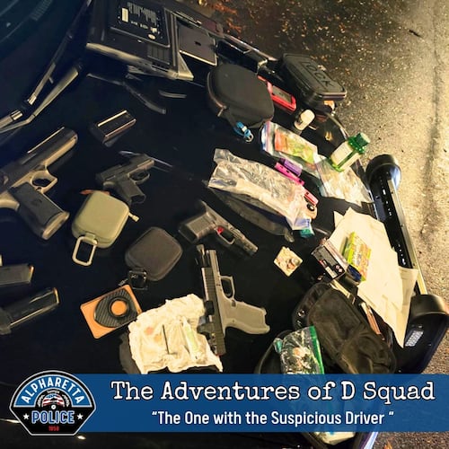 Police in Alpharetta found several handguns and a cache of illegal narcotics in a parked car on Thanksgiving morning. (Courtesy of the Alpharetta Police Department)