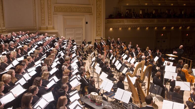 Robert Spano leading the Atlanta Symphony Orchestra and Chorus at Carnegie Hall, 4/5/08. Photo by Chris Lee. The Atlanta Symphony Orchestra and Chorus, shown performing at Carnegie Hall, will open the 2015-16 season at the UGA Performing Arts Center on Sept. 20. CONTRIBUTED BY CHRIS LEE