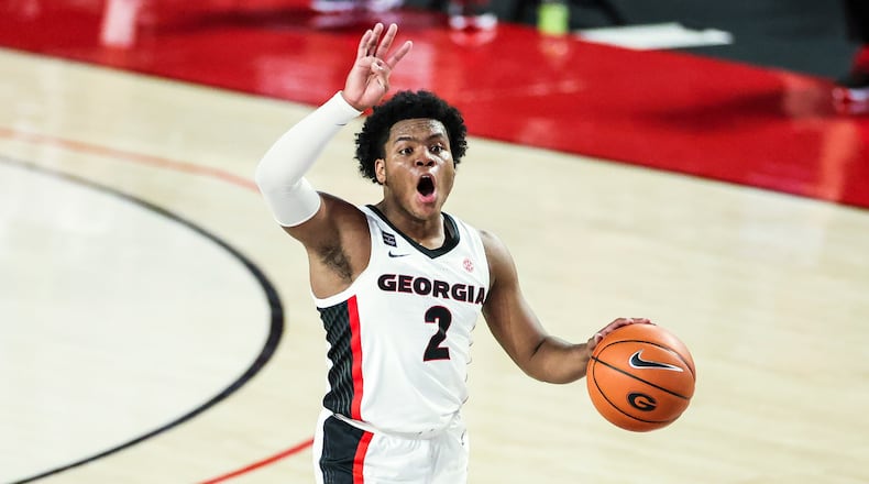 Georgia's Sahvir Wheeler (2) scored a career-high 27 points on the road against Florida Saturday but was unable to lift the Bulldogs to victory. (Tony Walsh/UGA Athletics)