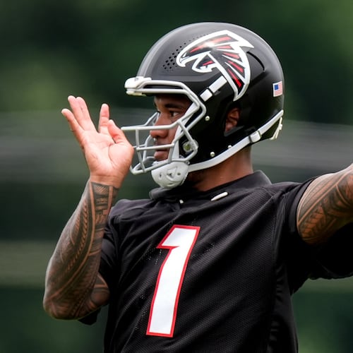 Atlanta Falcons' Tua Tagovailoa works out during NFL football practice, Monday, June 8, 2026, in Flowery Branch, Ga. (Mike Stewart/AP)