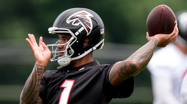 Atlanta Falcons' Tua Tagovailoa works out during NFL football practice, Monday, June 8, 2026, in Flowery Branch, Ga. (Mike Stewart/AP)