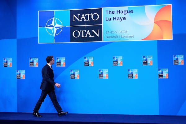 NATO Secretary General Mark Rutte tours the venue site ahead of the upcoming NATO summit in The Hague, Netherlands, Monday, June 23, 2025. (AP Photo/Matthias Schrader)
