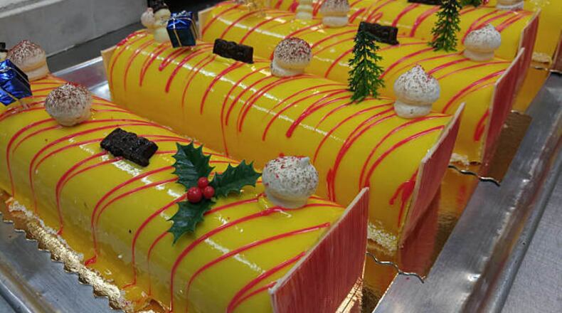 Douceur de France's mango paradise is made with mango mousse, raspberry cremeux and almond biscuit.