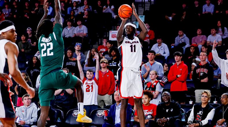 Georgia forward Dylan James aims for the basket during the Bulldogs’ game against FAMU at Stegeman Coliseum on Monday, Nov. 17, 2025, in Athens. (Sofia Yaker/UGAAA)