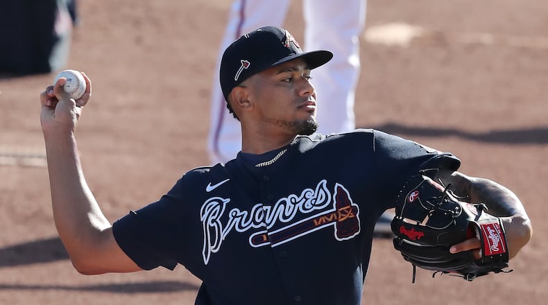 022621 North Port: Atlanta Braves pitcher Huascar Ynoa delivers during a morning pitching session at spring training at CoolToday Park on Friday, Feb. 26, 2021, in North Port.   Curtis Compton / Curtis.Compton@ajc.com”