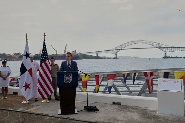 U.S. Defense Secretary Pete Hegseth speaks at Port of Rodman, West Panama, Tuesday, April 8, 2025. (AP Photo/Matias Delacroix)