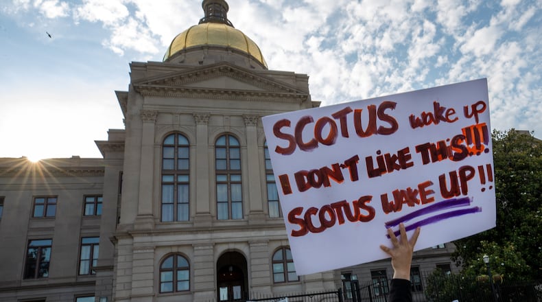 Abortion rights activists gather at the Georgia State Capital Saturday, June 25, 2022. (Steve Schaefer / steve.schaefer@ajc.com)