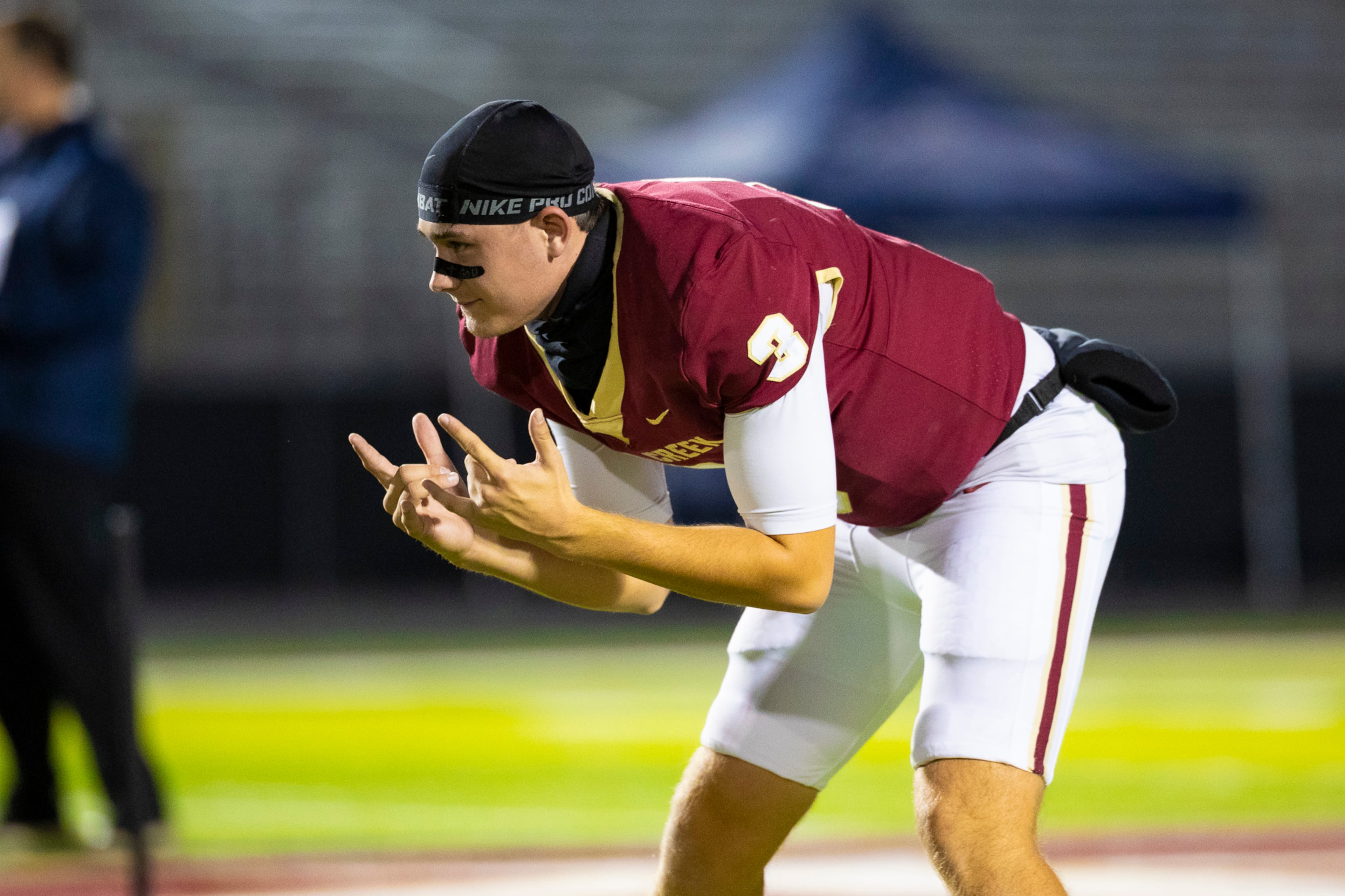 Mill Creek quarterback Cohen Lawson (3) during warmups against Colquitt at Mill Creek Community Stadium in Hoschton on Nov. 14th, 2025. (Oscar Guevara Saenz for the AJC)