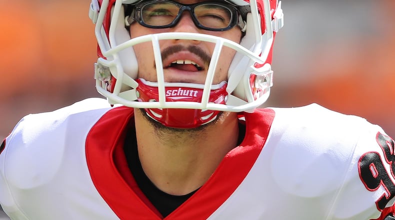 Georgia's Rodrigo Blankenship eyes a kick. Curtis Compton/ccompton@ajc.com