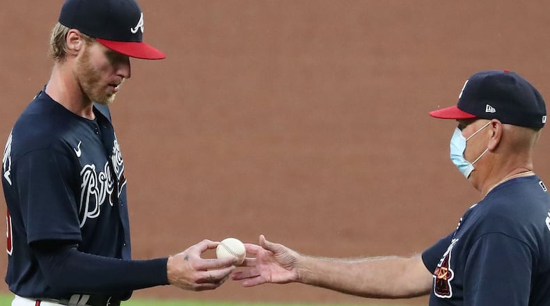 Atlanta Braves manager Brian Snitker pulls pitcher Mike Foltynewicz during the fifth inning of an exhibition game against the Miami Marlins Tuesday, July 21, 2020, at Truist Park in Atlanta. (Curtis Compton ccompton@ajc.com)