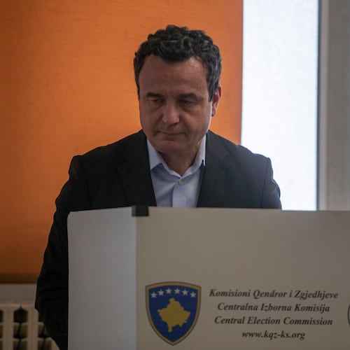 Kosovo's acting Prime Minister and Vetevendosje party leader Albin Kurti votes during parliamentary election in Kosovo capital Pristina, on Sunday, June 7, 2026. (AP Photo/Visar Kryeziu)