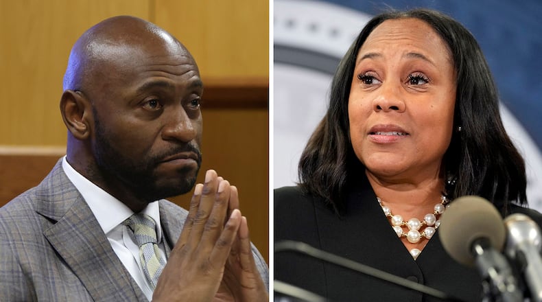 The personal relationship between Fulton County DA Fani Willis, right, and special prosecutor Nathan Wade, left,has come under scrutiny during the Georgia election interference case. (Alyssa Pointer & John Bazemore/AP)