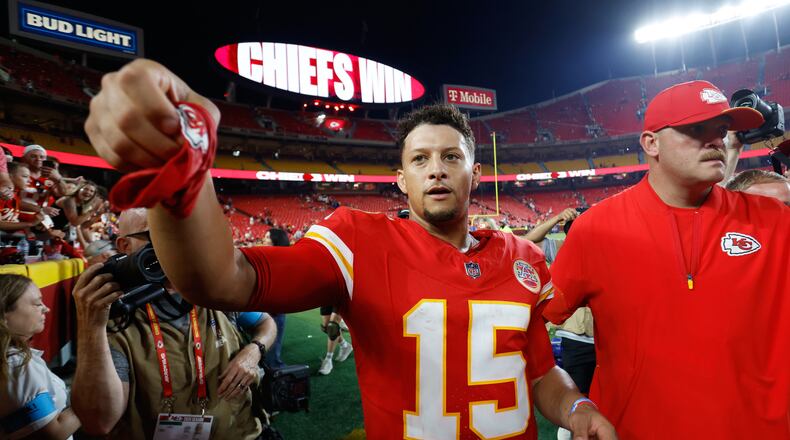 Kansas City Chiefs quarterback Patrick Mahomes leaves the field following an NFL football game against the Denver Broncos, Monday, Sept. 14, 2026, in Kansas City, Mo. (AP Photo/Colin E. Braley)