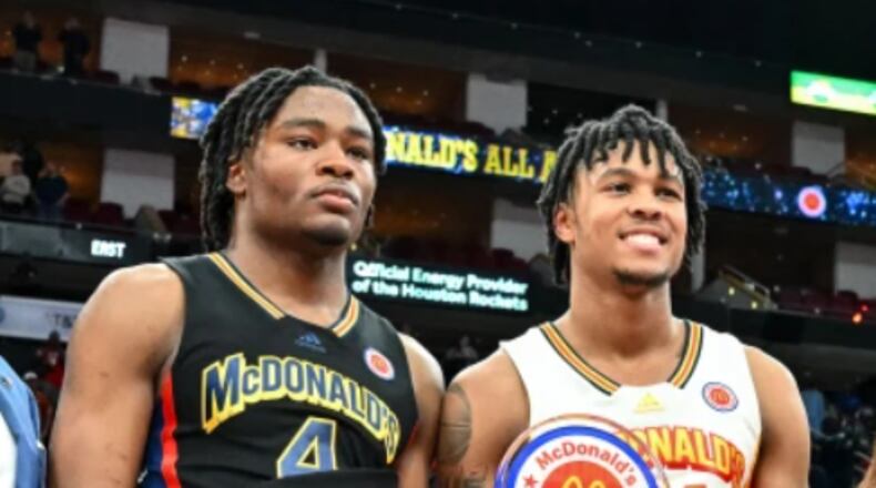 Isaiah Collier (left) of Marietta's Wheeler High and D.J. Wagner of Camden, N.J., were the MVPs of the 2023 McDonald's All-Star Game.