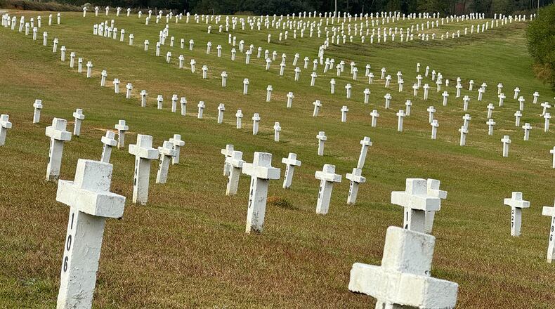 The Georgia State Prison Cemetery in Reidsville provides burials for prison inmates when private or family burials are not available. Between 2020 and 2022, at least 90 people were victims of homicide throughout all of Georgia’s prisons. (Lewis Levine/The Atlanta Journal-Constitution)