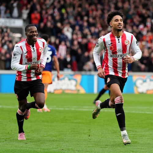 Brentford's Kevin Schade celebrates scoring their side's first goal during the English Premier League soccer match between Brentford and Newcastle United in London, Sunday, Nov. 9, 2025. (Adam Davy/PA via AP)