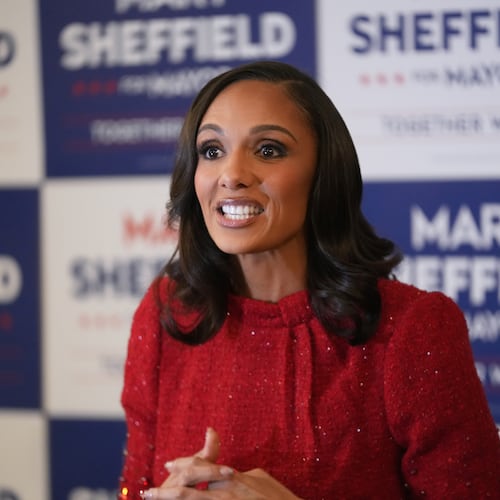 Detroit mayoral candidate Mary Sheffield speaks to media before an election night watch party on Tuesday, Nov. 4, 2025, in Detroit. (AP Photo/Paul Sancya)