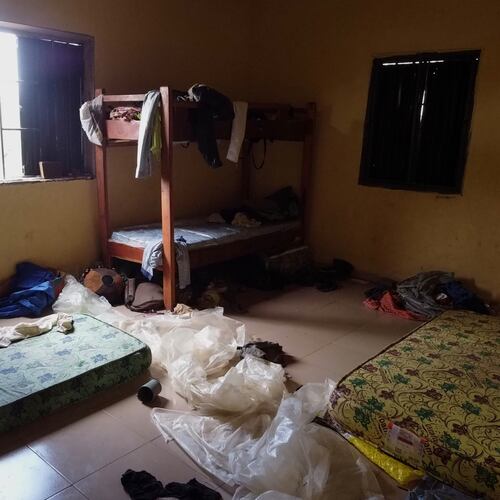 Students' belongings are seen inside a dormitory of an orphanage that was raided by gunmen late Sunday, in Lokoja, Nigeria, Monday, April 27, 2026. (AP Photo/Haruna Yahaya)