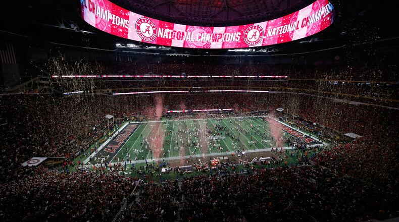 A view of Mercedes-Benz Stadium as the Alabama Crimson Tide celebrates beating the Georgia Bulldogs in overtime and winning college football’s national championship Monday night.