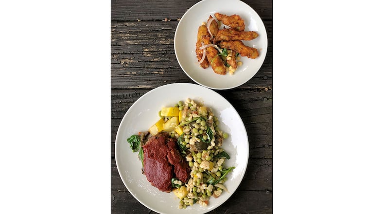 Takeout from Wrecking Bar Brewpub: The meatloaf with tiny dumplings; seasonal and pickled veggies and an order of fried okra. Courtesy of Wendell Brock