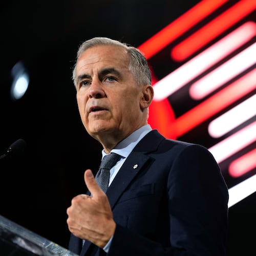 Canadian Prime Minister Mark Carney makes an address at the Canadian Association of Defense and Security Industries annual defense industry trade show CANSEC, in Ottawa, on Wednesday, May 27, 2026. (Justin Tang/The Canadian Press via AP)