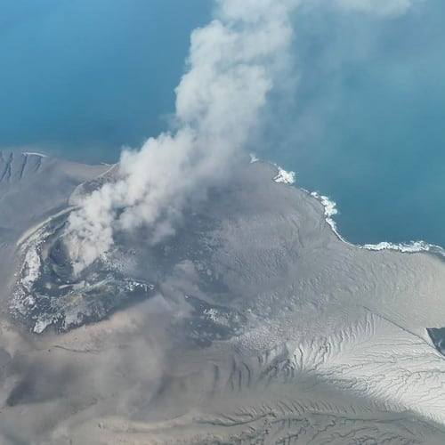 In this drone photo released by the Geological Agency (Badan Geologi) of Indonesia's Ministry of Energy and Mineral Resources, Mount Anak Krakatau spews volcanic smoke in Sunda Strait, Indonesia, Saturday, Sept. 5, 2026. (Badan Geologi via AP)