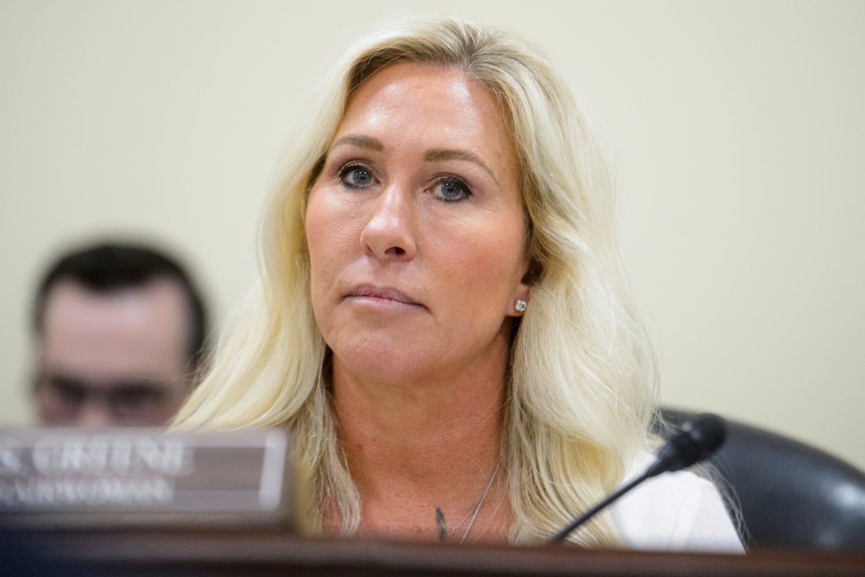 FILE - Rep. Marjorie Taylor-Greene, R-Ga., presides over a House Committee hearing on Capitol Hill, Feb. 12, 2025, in Washington. (AP Photo/Rod Lamkey, Jr., File)