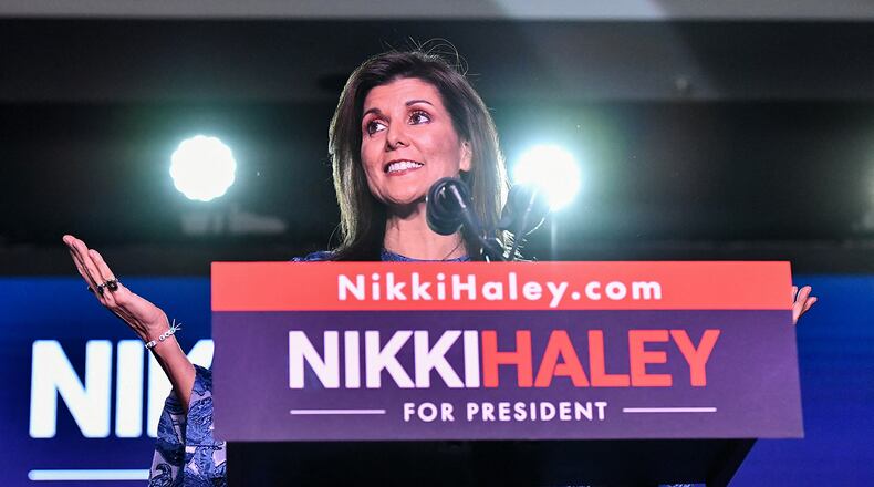 Republican presidential hopeful and former UN Ambassador Nikki Haley speaks after results came in for the New Hampshire primaries during a watch party in Concord, New Hampshire, on Jan. 23, 2024. Nikki Haley sought to warn Republican voters away from rival Donald Trump after he defeated her in Tuesday's New Hampshire primary, saying nominating the controversial US ex-president would spell victory for Joe Biden in November. (Joseph Prezioso/AFP via Getty Images/TNS)