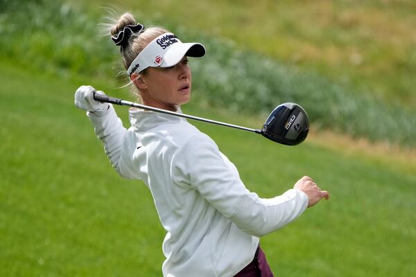 Nelly Korda hits from the third tee during the first round of the LPGA T-Mobile Match Play golf tournament Wednesday, April 2, 2025, in North Las Vegas, Nev. (AP Photo/John Locher)