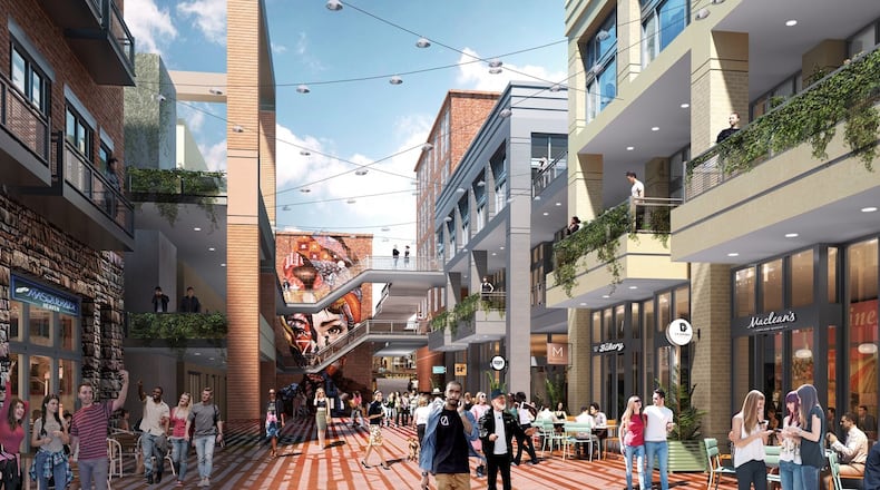 The designer states that this rendering shows “the Exchange Building, formerly the food court, will be reimagined as a series of smaller buildings, that are more in keeping with the scale and context of Underground Atlanta and Alabama Street.” Source: S9 Architecture.