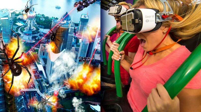 Here a split-screen view of the new Six Flags Over Georgia ride "Drop of Doom VR." The theme park franchise claims it is the country's first permanent drop tower VR attraction.