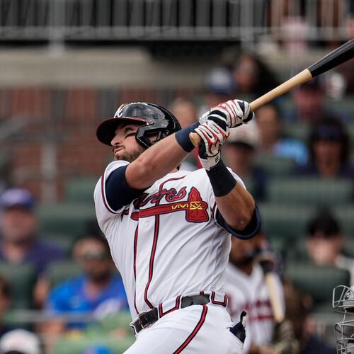 Atlanta Braves third baseman Austin Riley hits a three-run homer against the Boston Red Sox in the first inning of a baseball game, Sunday, May 17, 2026, in Atlanta. (AP Photo/Mike Stewart)