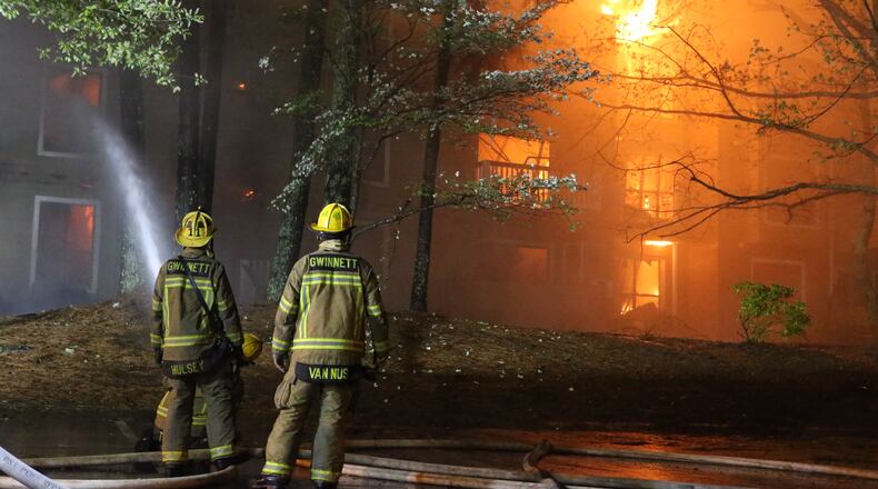 A predawn fire Monday heavily damaged an apartment building near Norcross. The fire at The Reserve at Peachtree Corners complex on Ashley Run Court was called in at 3:07 a.m., and when firefighters arrived five minutes later, they found "massive fire," with several apartments already engulfed in flames, Gwinnett fire Capt. Tommy Rutledge said.