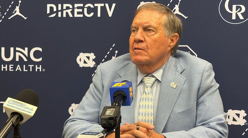UNC coach Bill Belichick speaks during the ACC Kickoff preseason NCAA College football media day on Friday, July 17, 2026 in Charlotte, N.C. (AP Photo/Aaron Beard)